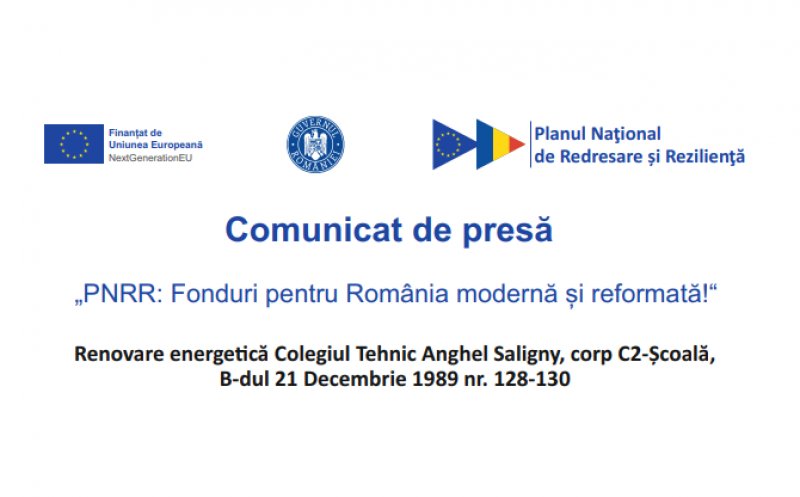 Comunicat de presă: Primăria Cluj-Napoca anunță finalizarea proiectului „Renovare energetică Colegiul Tehnic Anghel Saligny, corp C2-Școală, B-dul 21 Decembrie 1989 nr. 128-130”