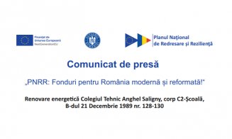 Comunicat de presă: Primăria Cluj-Napoca anunță finalizarea proiectului „Renovare energetică Colegiul Tehnic Anghel Saligny, corp C2-Școală, B-dul 21 Decembrie 1989 nr. 128-130”