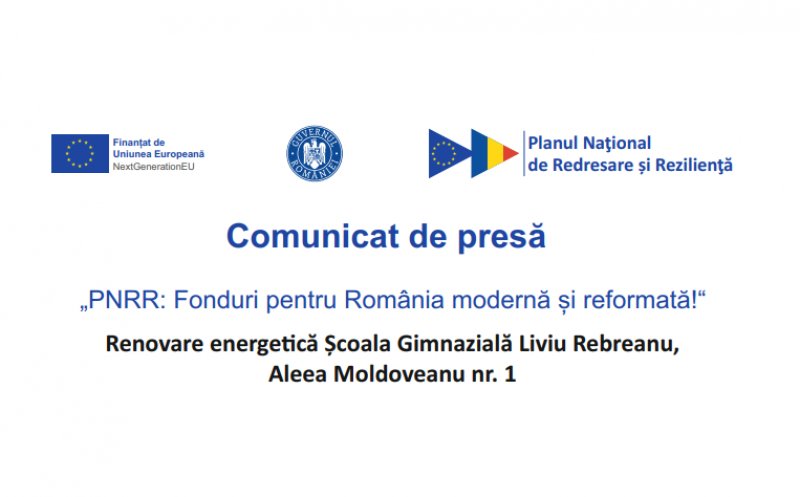 Comunicat de presă: Primăria Cluj-Napoca anunță finalizarea proiectului „Renovare energetică Școala Gimnazială Liviu Rebreanu, Aleea Moldoveanu nr. 1”