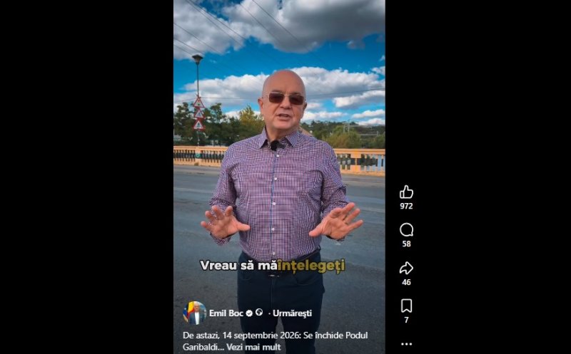 Boc, cere înțelegere din partea clujenilor după închiderea podului Garibaldi: ''Știm că această perioadă va presupune dificultăți și timpi mai mari de așteptare, însă lucrările vor fi urmărite îndeaproape''
